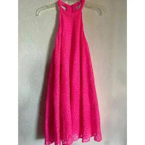 Lilly Pulitzer Quinn Halter Hot Pink Textured Knotty Lace Feminine Swing Dress S - Picture 2 of 11